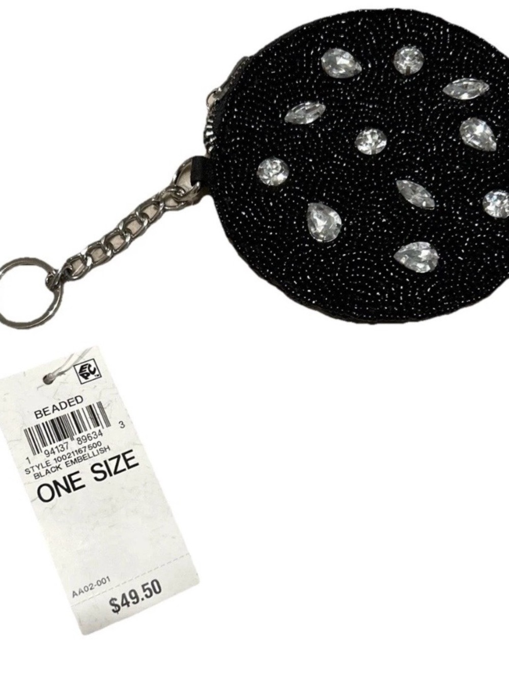 NWT On 34th Hand Beaded Coin Cards Pouch Black With Clear rhinestones Round